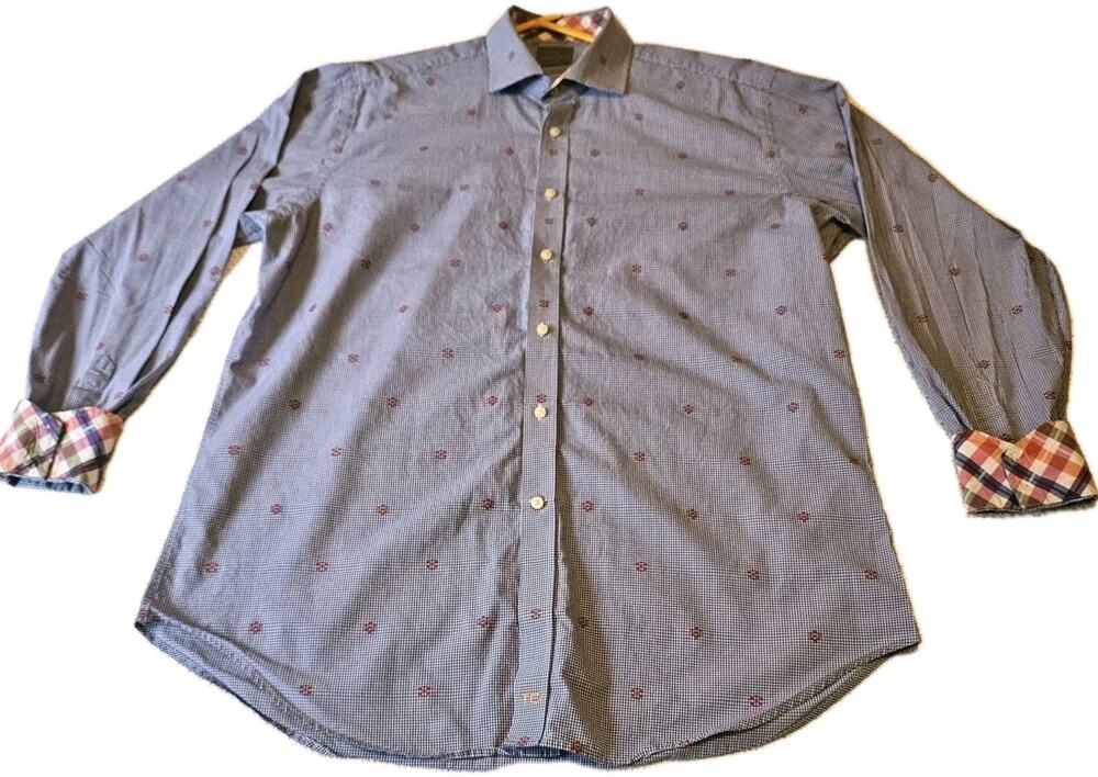 Thomas Dean Men’s Dress Shirt XL Blue White Red Checker Geometric Contrast Cuff